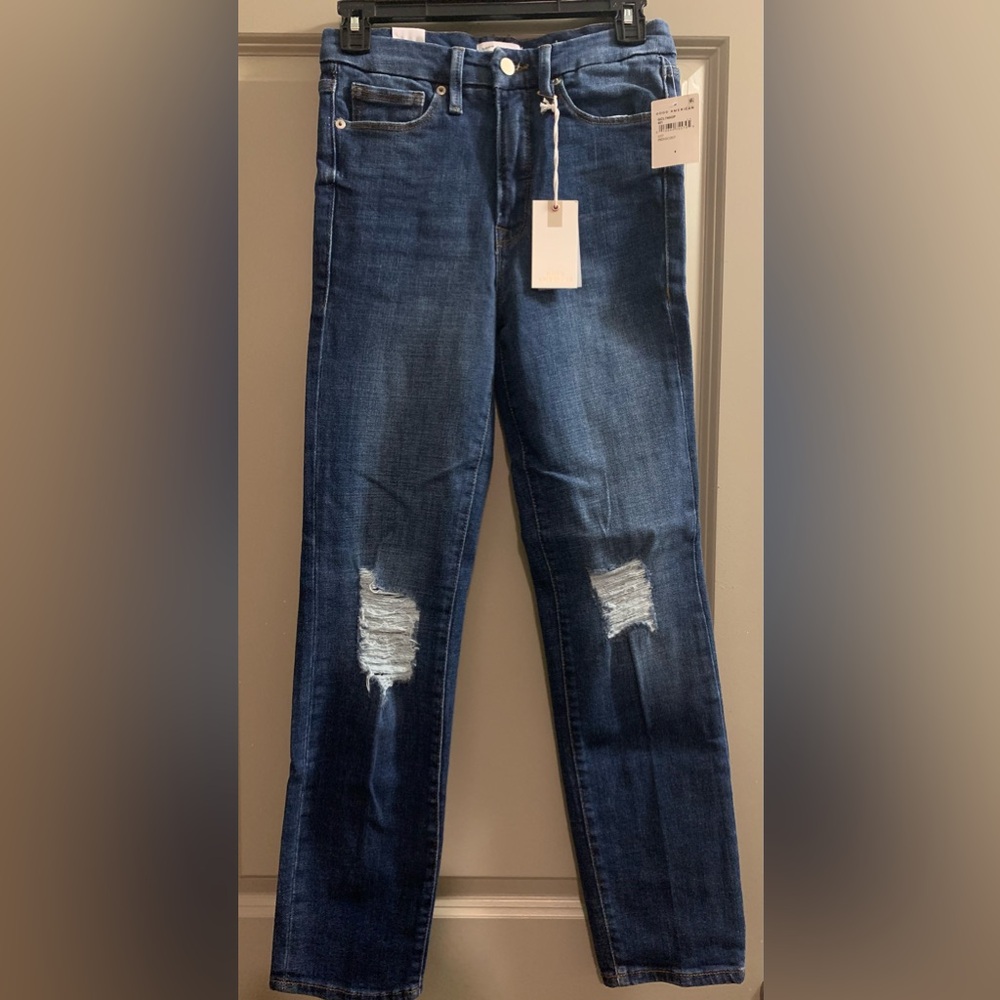 Good American Good Classic Distressed jeans 4/27 Dark Blue Wash High Rise Skinny
